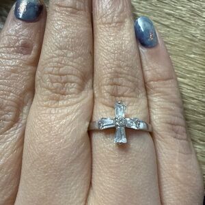 Sterling Silver Cross Ring with Clear Stones - Silver size 8